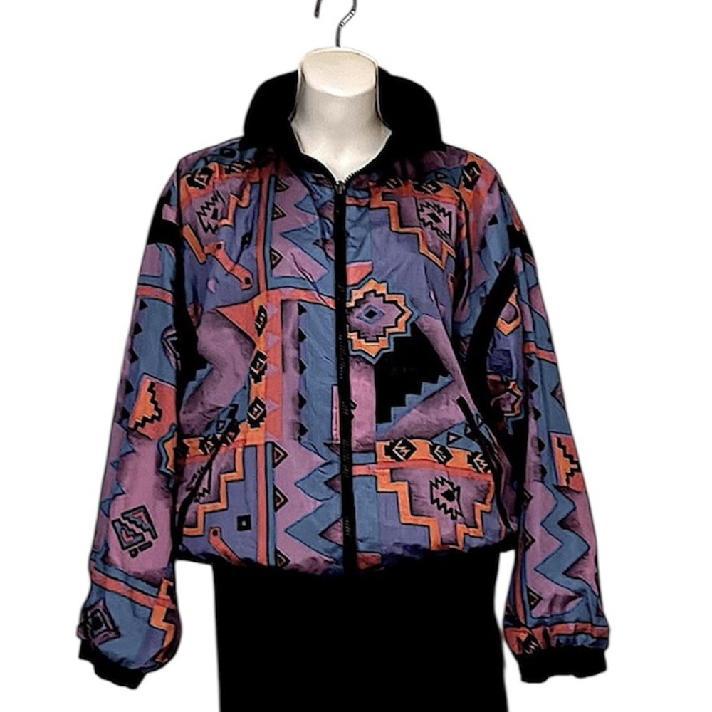 Geometric Aztec Reversible Lightweight Vintage Funnel Neck Sporty Windbreaker